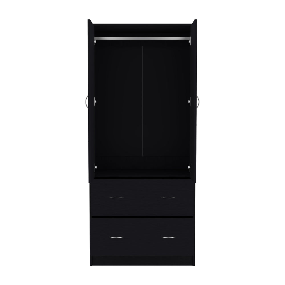 English Elm 71" Modern Black Armoire with 2 Doors, 2 Drawers & Hanging Rod — Durable MDP, Easy Assembly, Compact B097S00073