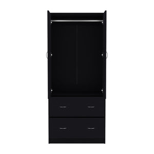 English Elm 71" Modern Black Armoire with 2 Doors, 2 Drawers & Hanging Rod — Durable MDP, Easy Assembly, Compact B097S00073