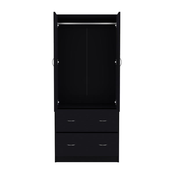 English Elm 71" Modern Black Armoire with 2 Doors, 2 Drawers & Hanging Rod — Durable MDP, Easy Assembly, Compact B097S00073