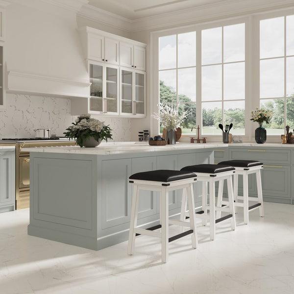 English Elm 24" Counter Stool Antique White with Black Bonded Leather Seat, Solid Hardwood Frame, Durable Design B04660622