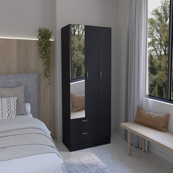 English Elm Riverside Mirrored Armoire with Three Doors, Two Drawers, Four Shelves and Dual Hanging Rods - Stylish Storage for Bedroom Organization Black 71 L x 16.9 W x 3.9 H B200S00276