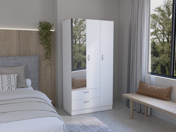 English Elm Wardrobe with mirror door, 3-door storage cabinet with drawers, shelves and hanging rail for organized living White 74 L x 23 W x 3 H B097S00070