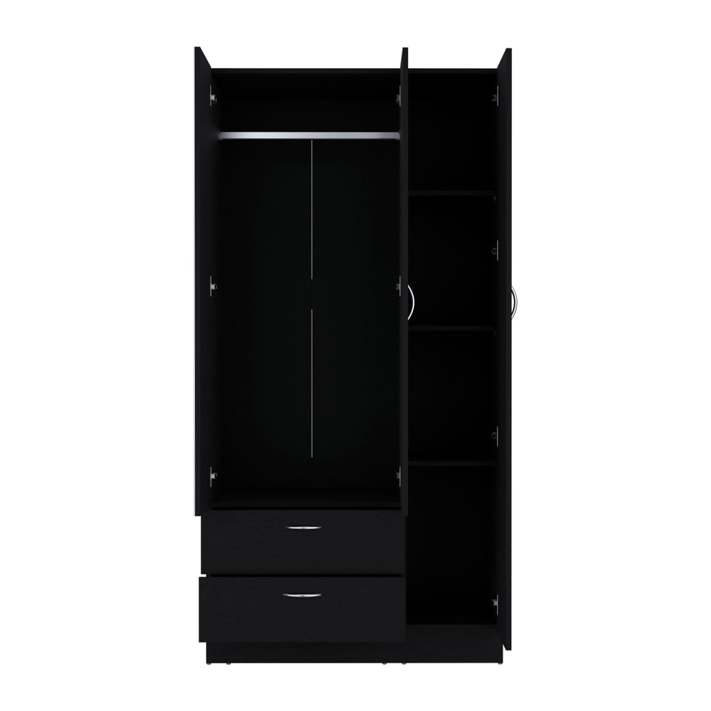 English Elm Riverside Mirrored Armoire with Three Doors, Two Drawers, Four Shelves and Dual Hanging Rods - Stylish Storage for Bedroom Organization Black 71 L x 16.9 W x 3.9 H B200S00276