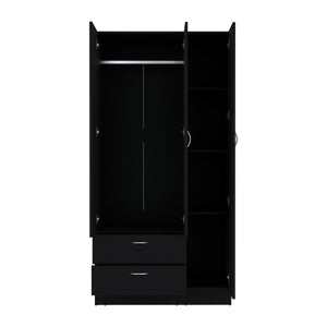 English Elm Riverside Mirrored Armoire with Three Doors, Two Drawers, Four Shelves and Dual Hanging Rods - Stylish Storage for Bedroom Organization Black 71 L x 16.9 W x 3.9 H B200S00276