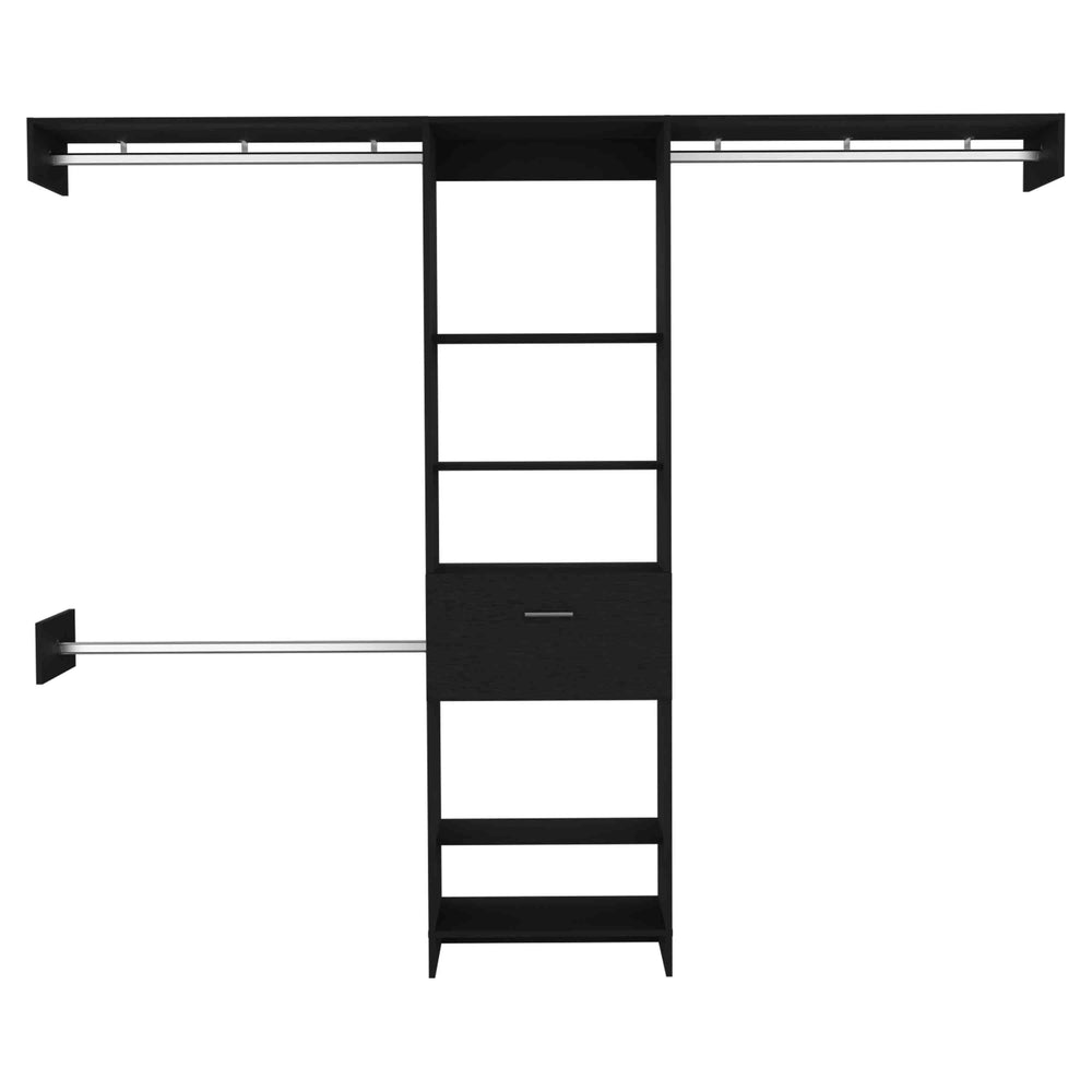 English Elm Manchester versatile closet organizer system with five open shelves, drawer and three metal rods for streamlined storage and durable particleboard design Black 82.7 L x 20.9 W x 3.9 H B070S00135