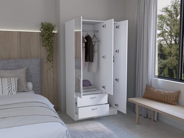 English Elm Wardrobe with mirror door, 3-door storage cabinet with drawers, shelves and hanging rail for organized living White 74 L x 23 W x 3 H B097S00070