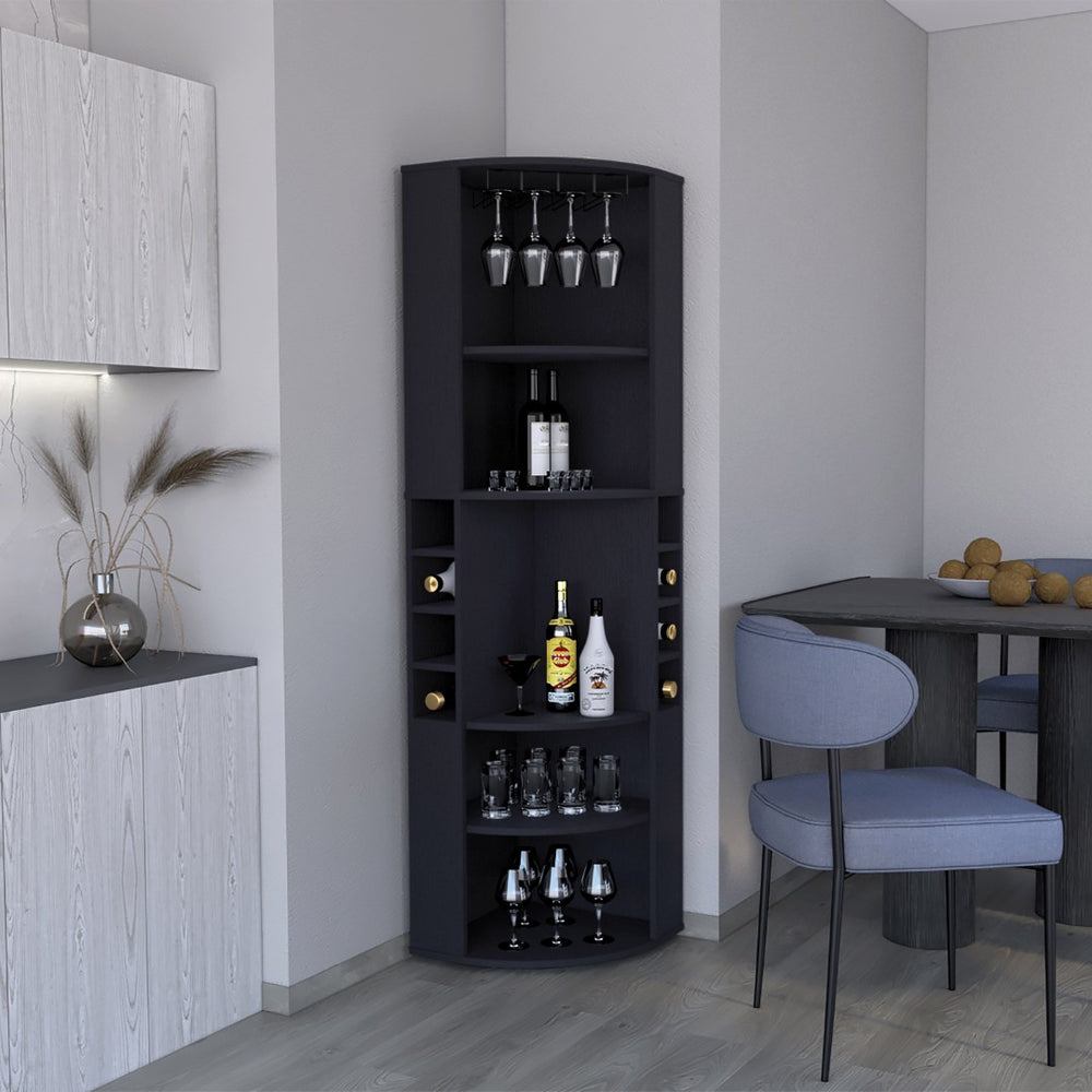 English Elm 71" Corner Bar Cabinet with Eight Bottle Cubbies Five Shelves White Laminate Finish B097S00083