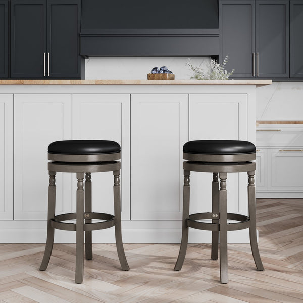 English Elm 30" Bar Stool - Weathered Gray Frame, Plush Black Leather Seat, Perfect For Kitchen & Home Bars B04660735