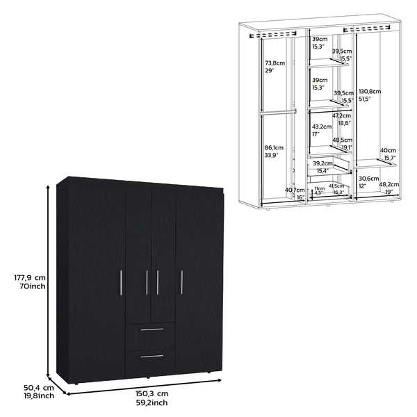 English Elm Wardrobe with mirror door, 3-door storage cabinet with drawers, shelves and hanging rail for organized living Black 71.2 L x 24.4 W x 4.7 H B097S00076