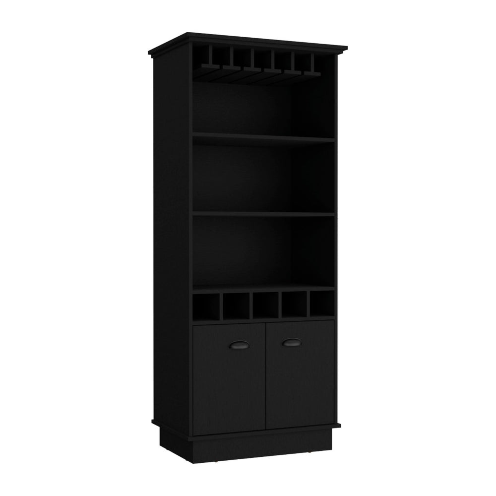 English Elm 70"h Tall Bar Cabinet with Wine Rack Glass Doors and Open Shelves for Dining Room Black B097S00080