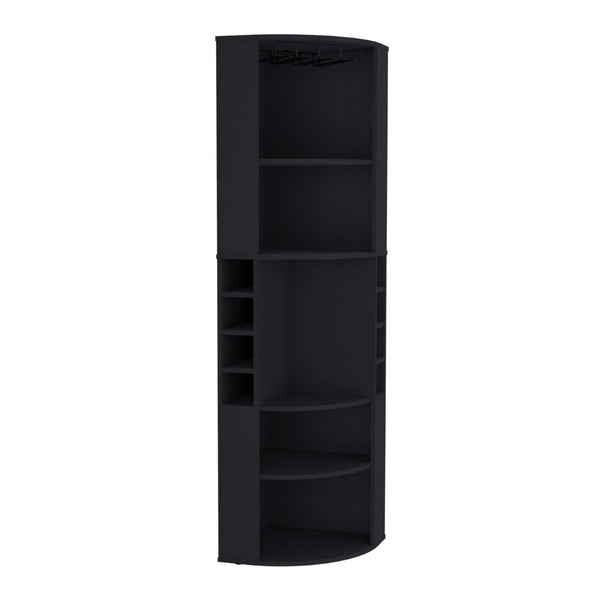 English Elm 71" Corner Bar Cabinet with Eight Bottle Cubbies Five Shelves White Laminate Finish B097S00083