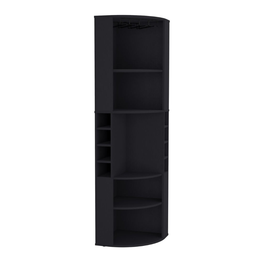 English Elm Oban Matte Black Corner Bar Cabinet with Bottle Cubbies and Open Stemware Shelves B200S00390