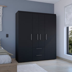 English Elm Wardrobe with mirror door, 3-door storage cabinet with drawers, shelves and hanging rail for organized living Black 71.2 L x 24.4 W x 4.7 H B097S00076