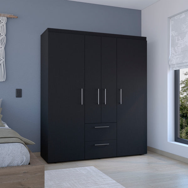 English Elm Wardrobe with mirror door, 3-door storage cabinet with drawers, shelves and hanging rail for organized living Black 71.2 L x 24.4 W x 4.7 H B097S00076