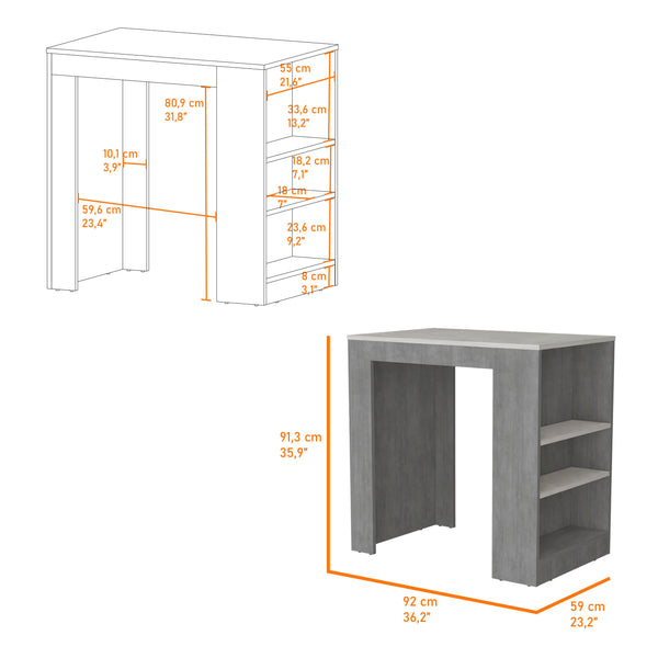 English Elm Concrete Gray Counter Height Kitchen Island with Ibiza Marble Top, 3 Shelves for Prep & Storage (36.2"W x 23.2"D x 35.9"H) B062P175174