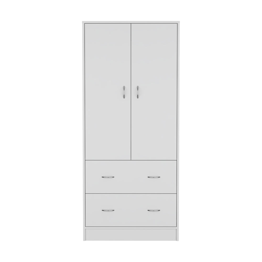 English Elm Armoire 71" H White - Compact 2-Door Closet with 2 Drawers, Hanging Rod, Durable MDP Finish B097S00072