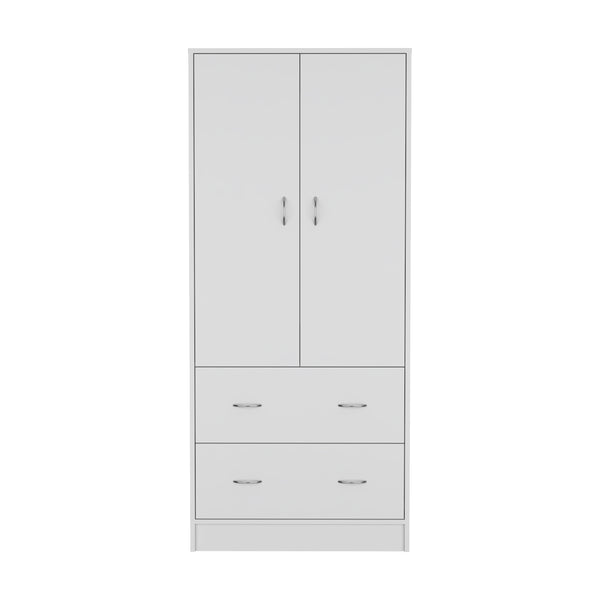 English Elm Armoire 71" H White - Compact 2-Door Closet with 2 Drawers, Hanging Rod, Durable MDP Finish B097S00072