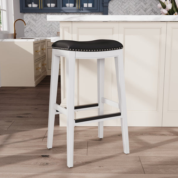 English Elm 30" Bar Stool Saddle Seat White with Black Bonded Leather, Nailhead Trim & Hardwood Frame B04682772
