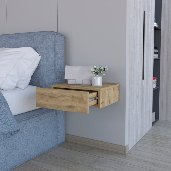 English Elm Macadamia Floating Nightstand Wall-Mounted Minimalist Nightstand with Drawer, Space-Saving Modern Design B062P175154