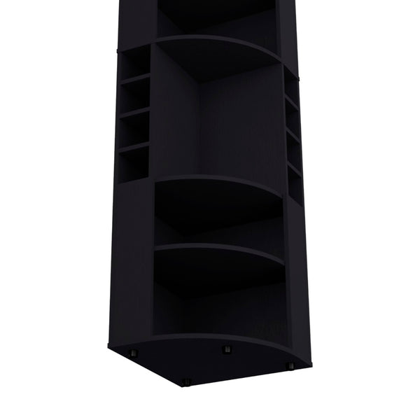 English Elm Oban Matte Black Corner Bar Cabinet with Bottle Cubbies and Open Stemware Shelves B200S00390