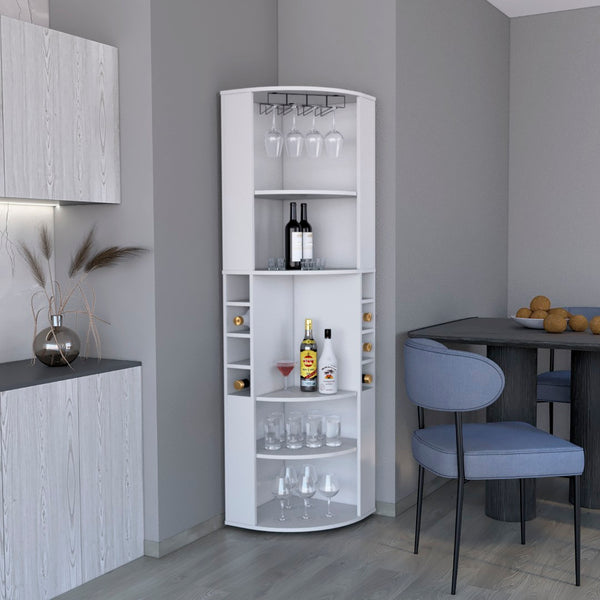 English Elm 71" Corner Bar Cabinet with Eight Bottle Cubbies Five Shelves White Laminate Finish B097S00081