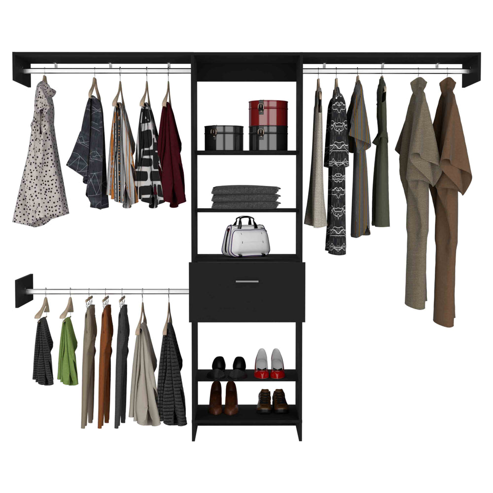 English Elm Manchester versatile closet organizer system with five open shelves, drawer and three metal rods for streamlined storage and durable particleboard design Black 82.7 L x 20.9 W x 3.9 H B070S00135