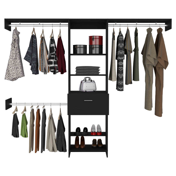 English Elm Manchester chic closet organizer with five open shelves, drawer and three metal rods for versatile storage and display Black 82.7 L x 20.9 W x 3.9 H B200S00135