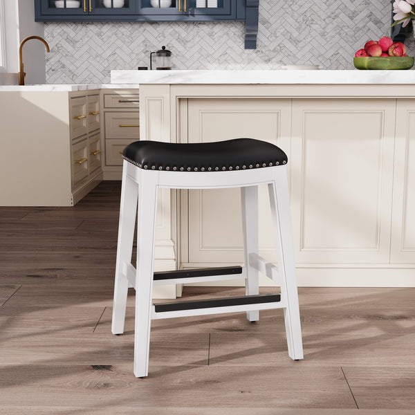English Elm 24" Counter Stool Saddle Seat with Bonded Leather, Nailhead Trim, Metal Footplates & Solid Hardwood Frame White B04660613