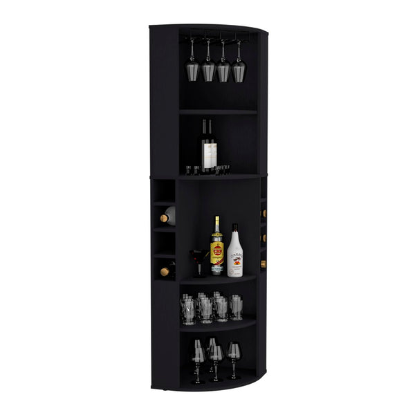 English Elm 71" Corner Bar Cabinet with Eight Bottle Cubbies Five Shelves White Laminate Finish B097S00083