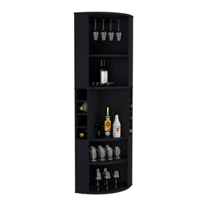 English Elm Oban Matte Black Corner Bar Cabinet with Bottle Cubbies and Open Stemware Shelves B200S00390
