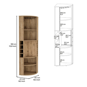 English Elm 71" Corner Bar Cabinet with Eight Bottle Cubbies Five Shelves White Laminate Finish B097S00082