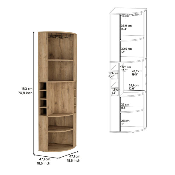 English Elm 71" Corner Bar Cabinet with Eight Bottle Cubbies Five Shelves White Laminate Finish B097S00082
