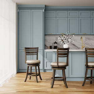 English Elm 24" Stylish Counter Height Swivel Stool With Beige Fabric Seat & Weathered Gray Finish, Perfect For Dining B04660696