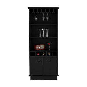 English Elm Dundee 70 Inch Glass Panel Bar Cabinet with Open Cubbies and Enclosed Storage Shelving B200S00386