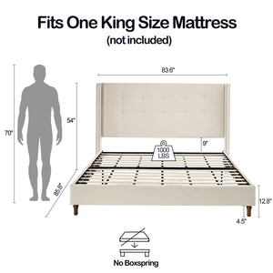 English Elm Peyton Upholstered King Bed - Luxurious Ivory Velvet, Wingback Design, Easy Assembly, No Box Spring Needed B083P152027-GIGA
