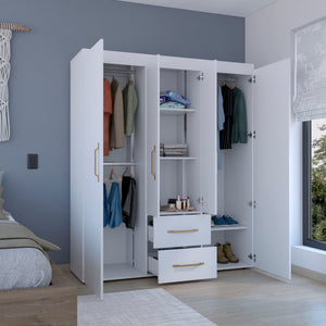English Elm Wardrobe with mirror door, 3-door storage cabinet with drawers, shelves and hanging rail for organized living White 71.2 L x 24.4 W x 4.7 H B097S00075
