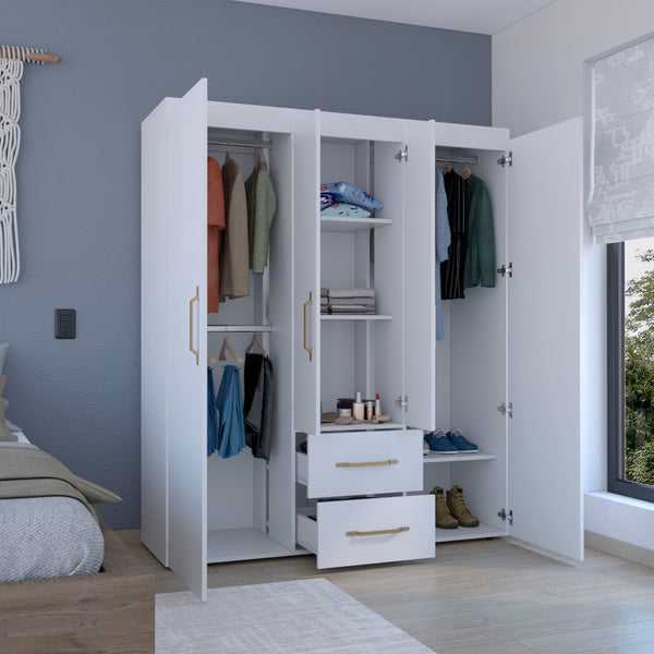 English Elm Wardrobe with mirror door, 3-door storage cabinet with drawers, shelves and hanging rail for organized living White 71.2 L x 24.4 W x 4.7 H B097S00075