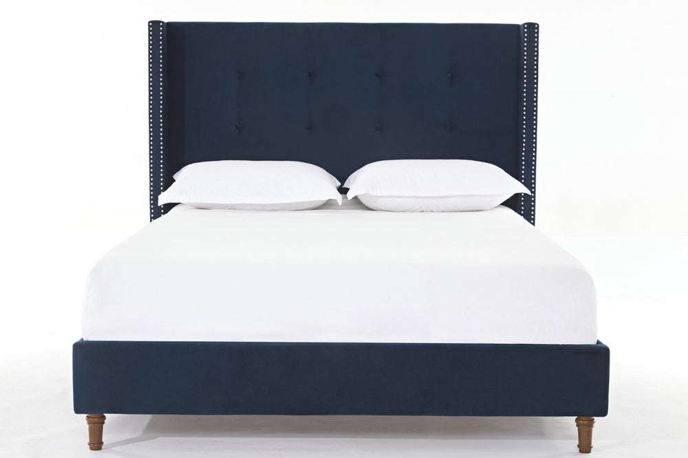 English Elm Peyton Upholstered King Bed - Luxurious Blue Velvet, 54" Wingback Headboard With Nailhead Trim & Easy Setup B083P152029-GIGA