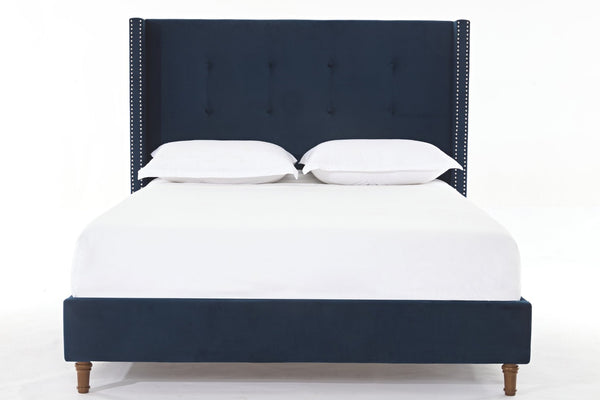 English Elm Peyton Upholstered King Bed - Luxurious Blue Velvet, 54" Wingback Headboard With Nailhead Trim & Easy Setup B083P152029-GIGA