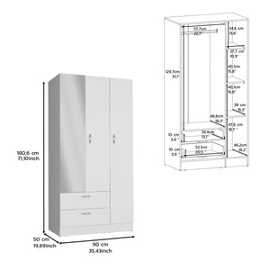 English Elm Riverside Mirrored Armoire with Three Doors, Two Drawers, Four Shelves and Dual Hanging Rods - Stylish Storage for Bedroom Organization White 71 L x 16.9 W x 3.9 H B200S00281