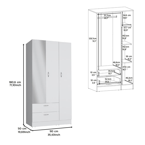 English Elm Riverside Mirrored Armoire with Three Doors, Two Drawers, Four Shelves and Dual Hanging Rods - Stylish Storage for Bedroom Organization White 71 L x 16.9 W x 3.9 H B200S00281