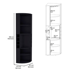 English Elm 71" Corner Bar Cabinet with Eight Bottle Cubbies Five Shelves White Laminate Finish B097S00083