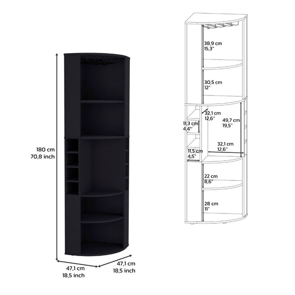 English Elm 71" Corner Bar Cabinet with Eight Bottle Cubbies Five Shelves White Laminate Finish B097S00083