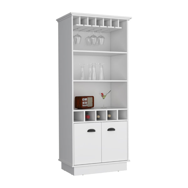 English Elm 70"h Tall Bar Cabinet with Wine Rack Glass Doors and Open Shelves for Dining Room White B097S00079