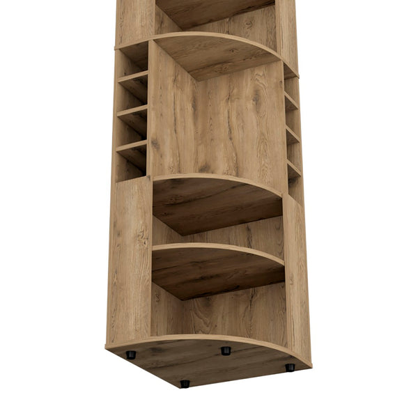 English Elm 71" Corner Bar Cabinet with Eight Bottle Cubbies Five Shelves White Laminate Finish B097S00082
