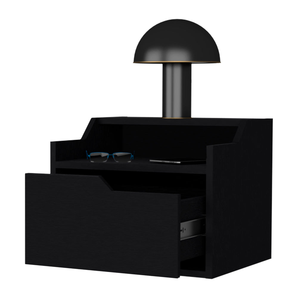English Elm Wenge Floating Nightstand with Drawer and Dual Display Shelves — Modern Wall-Mounted Accent, Sleek Storage B062P175147