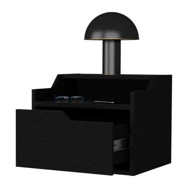 English Elm Wenge Floating Nightstand with Drawer and Dual Display Shelves — Modern Wall-Mounted Accent, Sleek Storage B062P175147