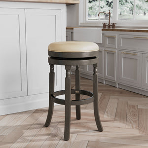English Elm 30" Bar Stool - Stylish Weathered Gray, Comfortable French Gray Leather Seat, Perfect For Any Space B04660739
