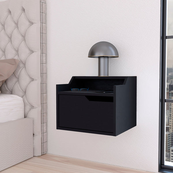English Elm Wenge Floating Nightstand with Drawer and Dual Display Shelves — Modern Wall-Mounted Accent, Sleek Storage B062P175147