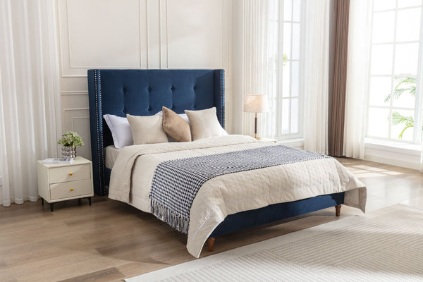 English Elm Peyton Upholstered King Bed - Luxurious Blue Velvet, 54" Wingback Headboard With Nailhead Trim & Easy Setup B083P152029-GIGA